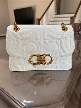 Salvatore Ferragamo White Quilted Gancini Shoulder Bag with Gold Hardware